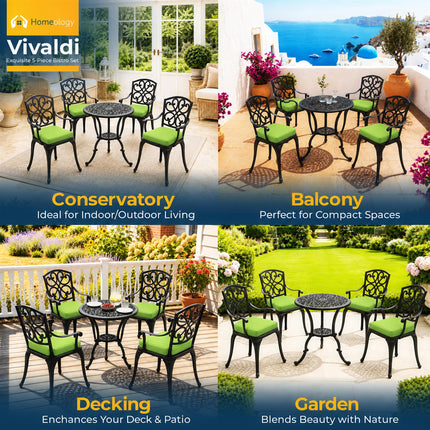 Homeology VIVALDI Black 5-Piece Cast Aluminium Garden Bistro Set - Rust-Proof Round Table with Parasol Hole & 4 Large Armchairs - with Green Cushions