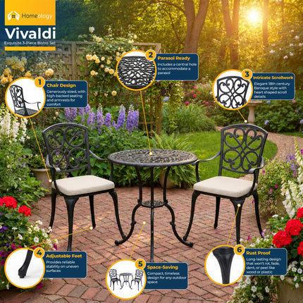 Homeology VIVALDI Black 3-Piece Cast Aluminium Garden Bistro Set - Rust-Proof Round Table with Parasol Hole & 2 Generously Sized Armchairs - with Cream Cushions