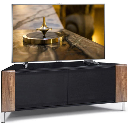 MDA Designs CORVUS Corner-Friendly Gloss Black Contemporary Cabinet with Walnut Profiles Black BeamThru Glass Doors Suitable for Flat Screen TVs up to 50" - Grade A