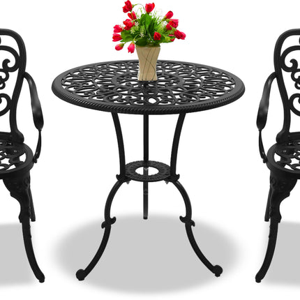 Centurion Supports BANGUI Black Garden and Patio Table and 2 Chairs Cast Aluminium Bistro Set