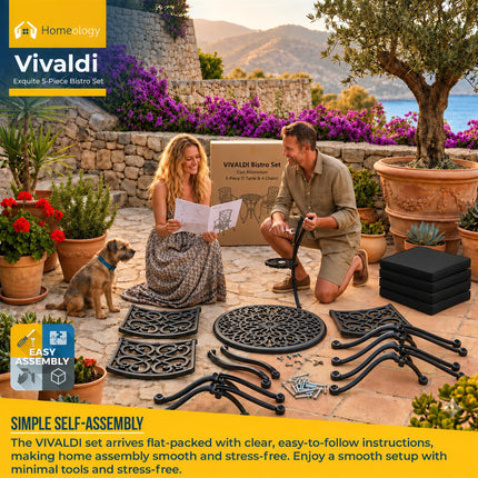 Homeology VIVALDI Black 5-Piece Cast Aluminium Garden Bistro Set - Rust-Proof Round Table with Parasol Hole & 4 Large Armchairs - with Black Cushions