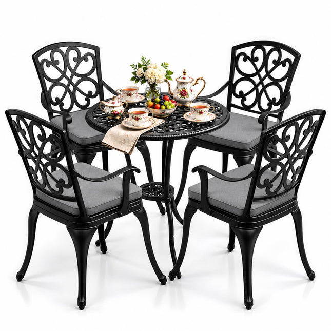 Homeology VIVALDI Black 5-Piece Cast Aluminium Garden Bistro Set - Rust-Proof Round Table with Parasol Hole & 4 Large Armchairs - with Grey Cushions