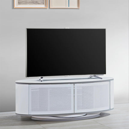 MDA Designs LUNA Gloss White Oval Cabinet with White Profiles White BeamThru Glass Doors Suitable for Flat Screen TVs up to 50" - Grade A