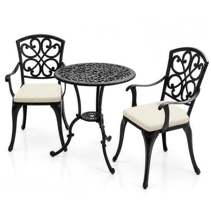 Homeology VIVALDI Black 3-Piece Cast Aluminium Garden Bistro Set - Rust-Proof Round Table with Parasol Hole & 2 Generously Sized Armchairs - with Cream Cushions