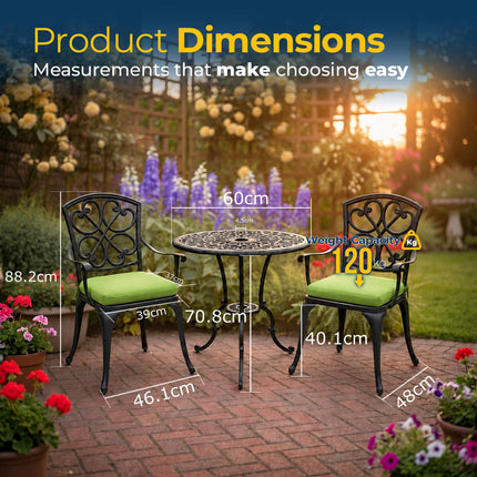 Homeology VIVALDI Black 3-Piece Cast Aluminium Garden Bistro Set - Rust-Proof Round Table with Parasol Hole & 2 Generously Sized Armchairs - with Green Cushions