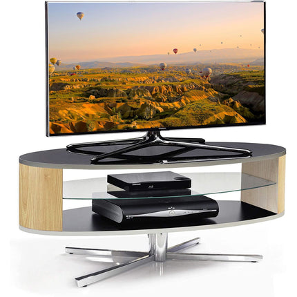 MDA Designs Orbit 1100 Gloss Black TV Stand with Oak Elliptic Sides for Flat Screen TVs up to 55" - Grade A