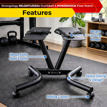 Strongology RELENTLESS24 Adjustable Dumbbell Pair (2.5kg–24kg) + POWERDOCK Floor Stand | 15-in-1 Quick-Select Weights | Heavy Duty Ergonomic V-Frame Floor Stand with Wheels | Complete Home Gym Bundle