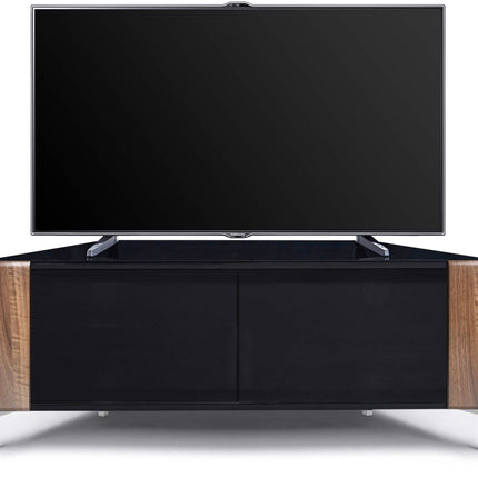 MDA Designs CORVUS Corner-Friendly Gloss Black Contemporary Cabinet with Walnut Profiles Black BeamThru Glass Doors Suitable for Flat Screen TVs up to 50" - Grade A