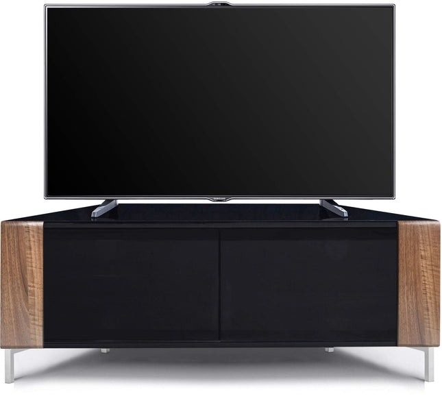MDA Designs CORVUS Corner-Friendly Gloss Black Contemporary Cabinet with Walnut Profiles Black BeamThru Glass Doors Suitable for Flat Screen TVs up to 50"