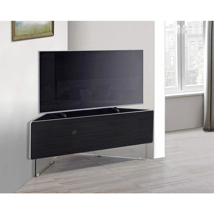 MDA Designs Antares HYBRID Black Corner-Friendly with Clear Acrylic Legs Hover Effect & Remote-Friendly Glass Door TV Cabinet - Grade A