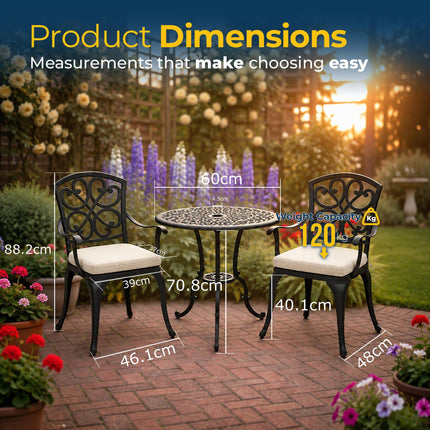 Homeology VIVALDI Black 3-Piece Cast Aluminium Garden Bistro Set - Rust-Proof Round Table with Parasol Hole & 2 Generously Sized Armchairs - with Cream Cushions