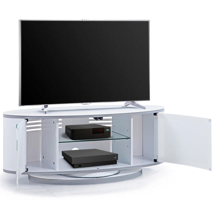 MDA Designs LUNA Gloss White Oval Cabinet with White Profiles White BeamThru Glass Doors Suitable for Flat Screen TVs up to 50" - Grade A