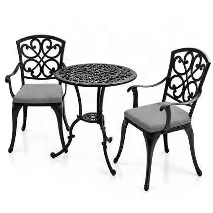 Homeology VIVALDI Black 3-Piece Cast Aluminium Garden Bistro Set - Rust-Proof Round Table with Parasol Hole & 2 Generously Sized Armchairs - with Grey Cushions