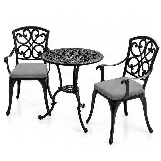 Homeology VIVALDI Black 3-Piece Cast Aluminium Garden Bistro Set - Rust-Proof Round Table with Parasol Hole & 2 Generously Sized Armchairs - with Grey Cushions