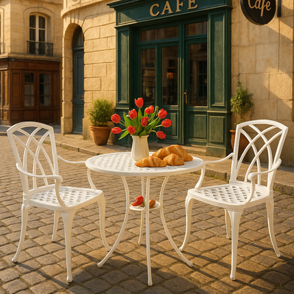 Centurion Supports OSHOWA Luxurious Garden and Patio Table and 2 Large Chairs with Armrests Cast Aluminium Bistro Set - White
