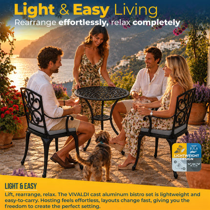 Homeology VIVALDI Black 5-Piece Cast Aluminium Garden Bistro Set - Rust-Proof Round Table with Parasol Hole & 4 Large Armchairs - with Grey Cushions