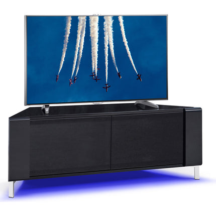 MDA Designs CORVUS Corner-Friendly Gloss Black Cabinet with Black BeamThru Glass Doors Suitable for Flat Screen TVs up to 50" with 16 Colour LED Lights