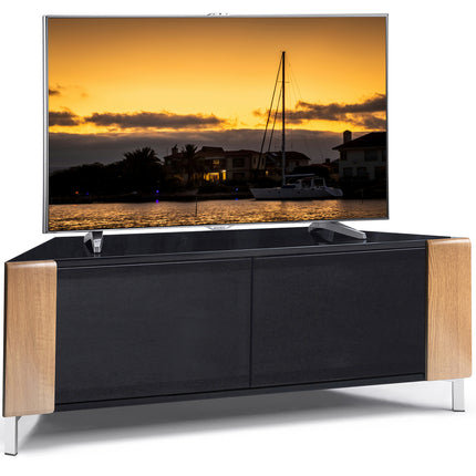 MDA Designs CORVUS Corner-Friendly Gloss Black Contemporary Cabinet with Oak Profiles Black BeamThru Glass Doors Suitable for Flat Screen TVs up to 50"