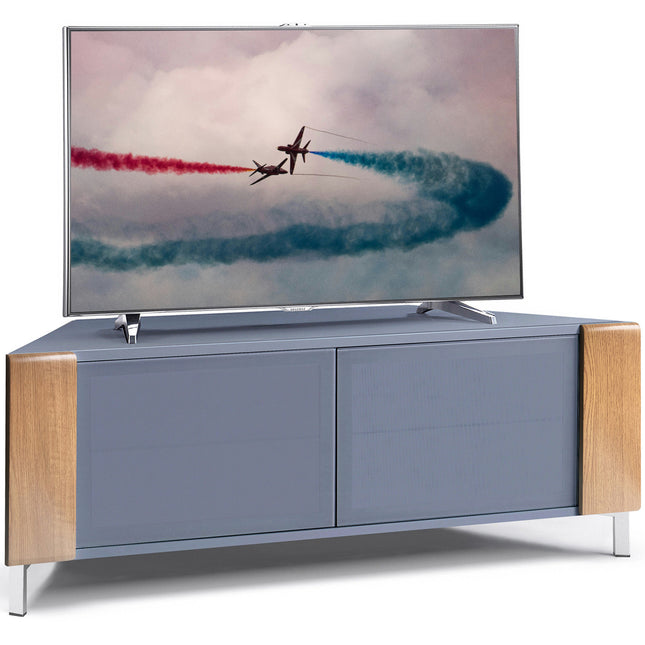 MDA Designs CORVUS Corner-Friendly Grey BeamThru Glass Doors with Oak Profiles Contemporary Cabinet for Flat Screen TVs up to 50"