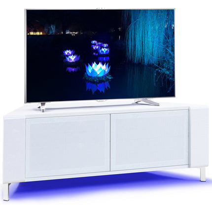MDA Designs CORVUS Corner-Friendly Gloss White Contemporary Cabinet with White BeamThru Glass Doors for Flat Screen TVs up to 50" with 16 Colour LED Lights