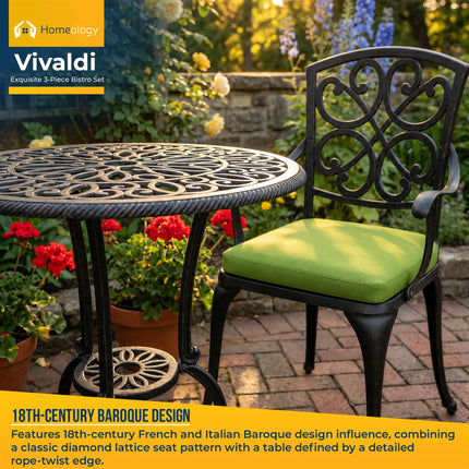 Homeology VIVALDI Black 3-Piece Cast Aluminium Garden Bistro Set - Rust-Proof Round Table with Parasol Hole & 2 Generously Sized Armchairs - with Green Cushions
