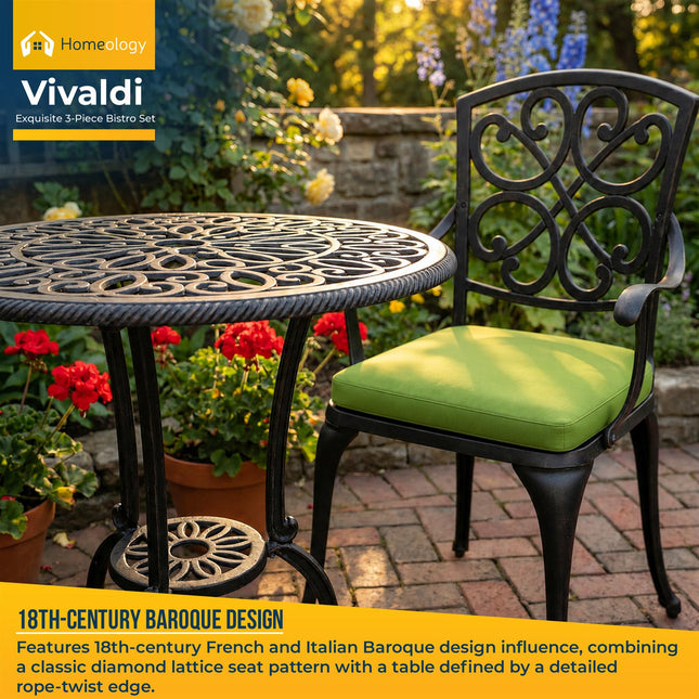Homeology VIVALDI Black 3-Piece Cast Aluminium Garden Bistro Set - Rust-Proof Round Table with Parasol Hole & 2 Generously Sized Armchairs - with Green Cushions