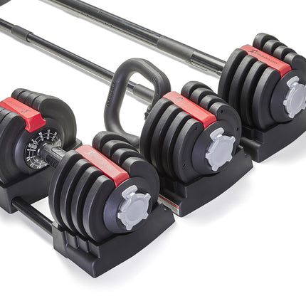 Strongology ELEMENT SET Home Fitness 3-In-1 Black/Red Adjustable Smart Barbell/Dumbbell/Kettlebell from 2kg up to 19kg Training Weights - Grade A