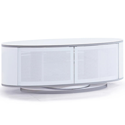 MDA Designs LUNA Gloss White Oval Cabinet with White Profiles White BeamThru Glass Doors Suitable for Flat Screen TVs up to 50" - Grade A