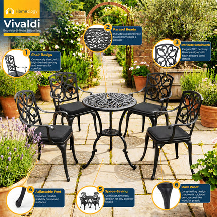Homeology VIVALDI Black 5-Piece Cast Aluminium Garden Bistro Set - Rust-Proof Round Table with Parasol Hole & 4 Large Armchairs - with Black Cushions