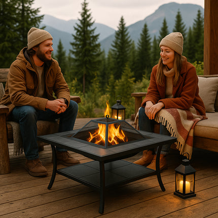 Centurion Supports SHANGO Premium Multi-Functional Black with Ceramic Tiles Outdoor Garden and Patio Square Heater Fire Pit Brazier and Outdoor Table