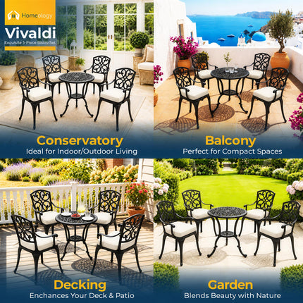 Homeology VIVALDI Black 5-Piece Cast Aluminium Garden Bistro Set - Rust-Proof Round Table with Parasol Hole & 4 Large Armchairs - with Cream Cushions