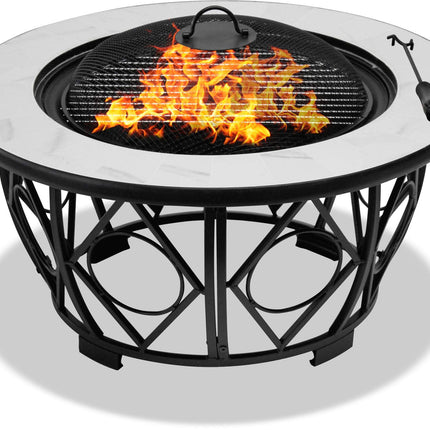 Centurion Supports NAVARO Premium Multi-Functional 360° Garden & Patio Round Fire Pit, Brazier, Coffee Table, Barbecue and Ice Bucket with White Ceramic Tiles - Grade A