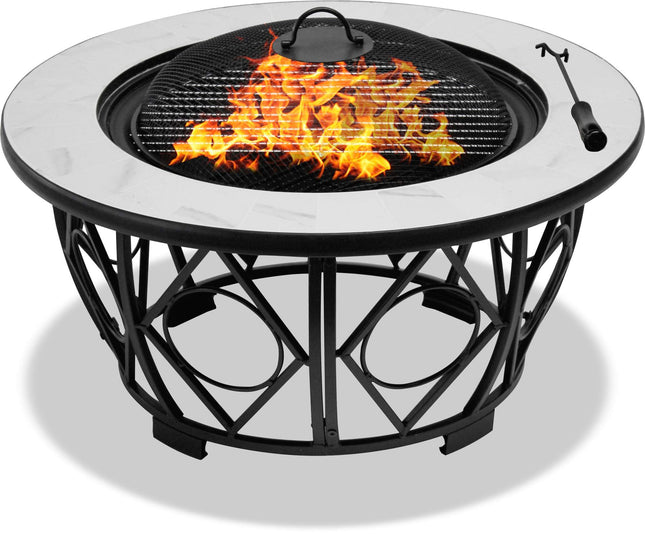 Centurion Supports NAVARO Premium Multi-Functional 360° Garden & Patio Round Fire Pit, Brazier, Coffee Table, Barbecue and Ice Bucket with White Ceramic Tiles - Grade A