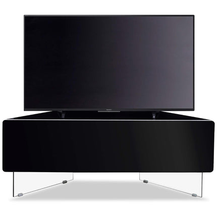 MDA Designs Antares HYBRID Black Corner-Friendly with Clear Acrylic Legs Hover Effect & Remote-Friendly Glass Door TV Cabinet - Grade A