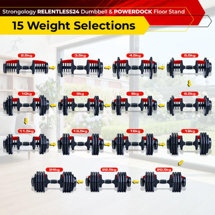 Strongology RELENTLESS24 Adjustable Dumbbell Pair (2.5kg–24kg) + POWERDOCK Floor Stand | 15-in-1 Quick-Select Weights | Heavy Duty Ergonomic V-Frame Floor Stand with Wheels | Complete Home Gym Bundle