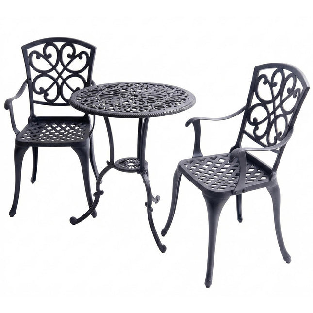 Homeology VIVALDI 3-Piece Cast Aluminium Garden Bistro Set- Rust-Proof Round Table with Parasol Hole & 2 Generously Sized Armchairs- Exquisite Baroque Design for Patio, Balcony & Conservatory (Black)