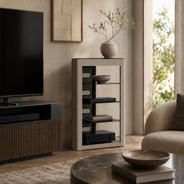 Homeology ZINNIA 5-Tier Entertainment Media Stand Black Glass Shelves & Greige Facia Audio Rack Stylish Home Theater Storage