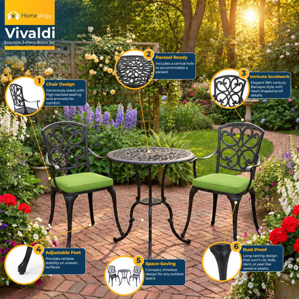 Homeology VIVALDI Black 3-Piece Cast Aluminium Garden Bistro Set - Rust-Proof Round Table with Parasol Hole & 2 Generously Sized Armchairs - with Green Cushions