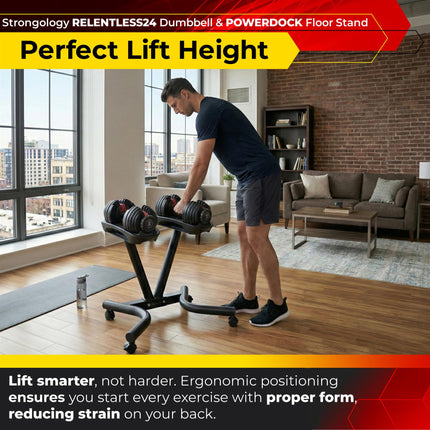 Strongology RELENTLESS24 Adjustable Dumbbell Pair (2.5kg–24kg) + POWERDOCK Floor Stand | 15-in-1 Quick-Select Weights | Heavy Duty Ergonomic V-Frame Floor Stand with Wheels | Complete Home Gym Bundle
