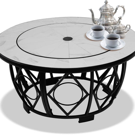 Centurion Supports NAVARO Premium Multi-Functional 360° Garden & Patio Round Fire Pit, Brazier, Coffee Table, Barbecue and Ice Bucket with White Ceramic Tiles - Grade A