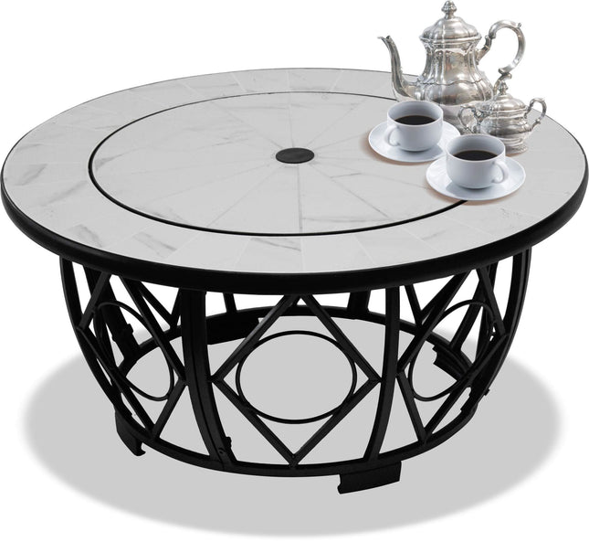 Centurion Supports NAVARO Premium Multi-Functional 360° Garden & Patio Round Fire Pit, Brazier, Coffee Table, Barbecue and Ice Bucket with White Ceramic Tiles - Grade A