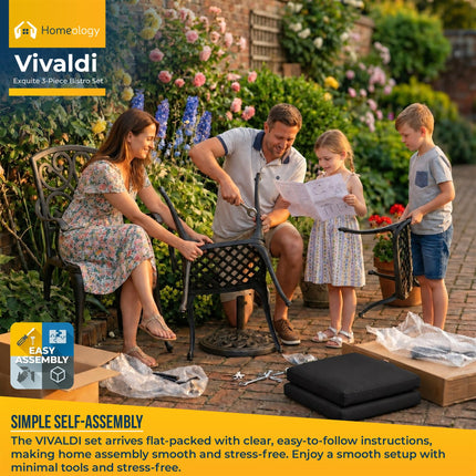 Homeology VIVALDI Black 3-Piece Cast Aluminium Garden Bistro Set - Rust-Proof Round Table with Parasol Hole & 2 Generously Sized Armchairs - with Black Cushions