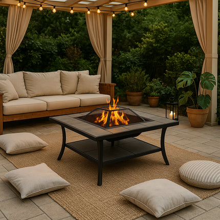 Centurion Supports SHANGO Premium Multi-Functional Black with Ceramic Tiles Outdoor Garden and Patio Square Heater Fire Pit Brazier and Outdoor Table