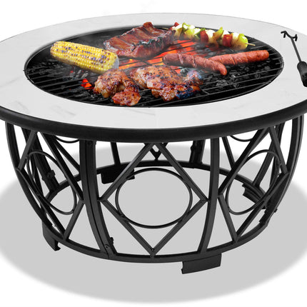 Centurion Supports NAVARO Premium Multi-Functional 360° Garden & Patio Round Fire Pit, Brazier, Coffee Table, Barbecue and Ice Bucket with White Ceramic Tiles - Grade A