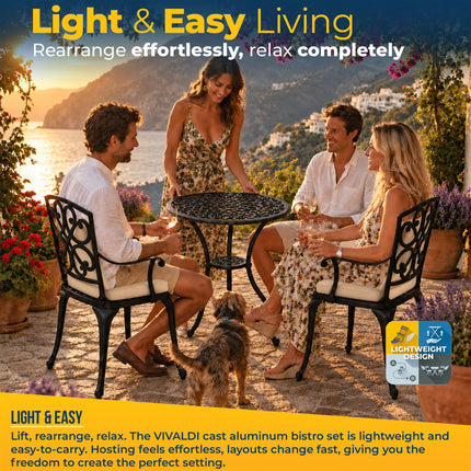 Homeology VIVALDI Black 5-Piece Cast Aluminium Garden Bistro Set - Rust-Proof Round Table with Parasol Hole & 4 Large Armchairs - with Cream Cushions