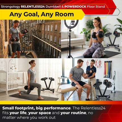 Strongology RELENTLESS24 Adjustable Dumbbell Pair (2.5kg–24kg) + POWERDOCK Floor Stand | 15-in-1 Quick-Select Weights | Heavy Duty Ergonomic V-Frame Floor Stand with Wheels | Complete Home Gym Bundle