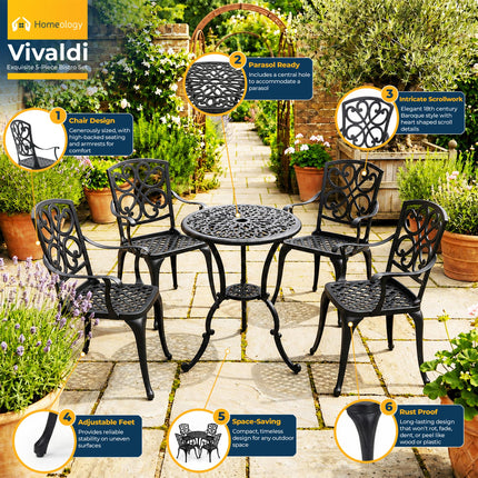 Homeology VIVALDI Black 5-Piece Cast Aluminium Garden Bistro Set- Rust-Proof Round Table with Parasol Hole & 4 Large Armchairs- Baroque Design for Patio, Balcony & Conservatory