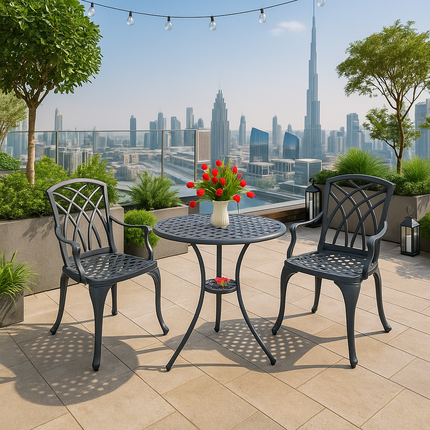 Centurion Supports OSHOWA Luxurious Garden and Patio Table and 2 Large Chairs with Armrests Cast Aluminium Bistro Set Grey