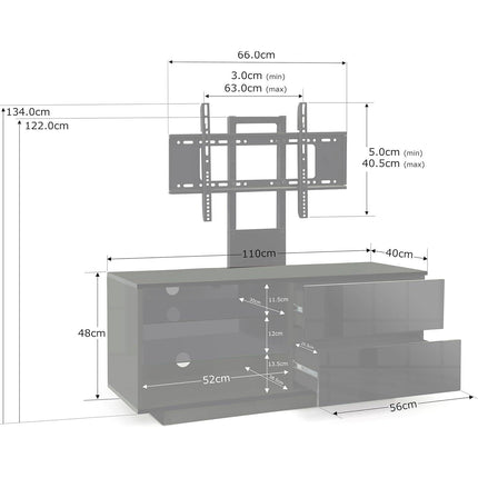 Centurion Supports Gallus Gloss Black with 2-Black Drawers and 3-Shelf 32"-55" LED/LCD/Plasma Cabinet TV Stand with 16 colour LED Lights and Mounting Arm