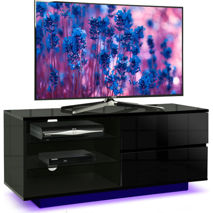 Centurion Supports Gallus Premium High Gloss Black with 2-Black Drawers and 3-Shelf 32"-55" LED/OLED/LCD TV Cabinet with 16 colour LED Lights